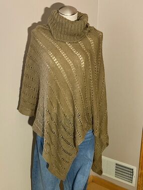 Olive Turtleneck Knit Poncho Sweater